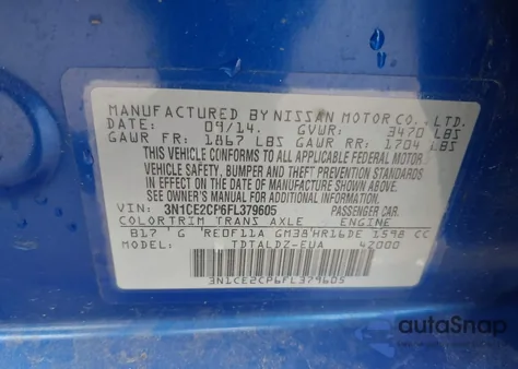 2015 Nissan Versa Note S (Sr)/S Plus/Sl/Sr/Sv from USA, damaged, VIN 3N1CE2CP6FL379605